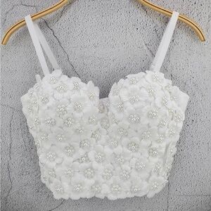 Floral 3D Embellished Pearls White Corset Bustier  Sz Small 36B Crop Top